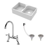 Traditional Fireclay Kitchen Bundle: Double Bowl Stepped Weir Butler Sink with Wastes & Bridge Lever Tap, 795mm - Chrome