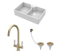 Traditional Fireclay Kitchen Bundle: Double Bowl Stepped Weir Butler Sink with Wastes & Mono Lever Tap, 895mm - Brushed Brass