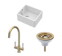 Traditional Fireclay Kitchen Bundle: Single Bowl Belfast Sink, Strainer Waste & Mono Lever Handle Tap, 460mm - Brushed Brass