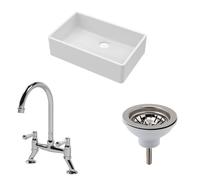 Traditional Fireclay Kitchen Bundle: Single Bowl Butler Sink, Waste & Bridge Mixer Tap, 795mm - Chrome