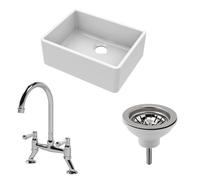 Traditional Fireclay Kitchen Bundle: Single Bowl Butler Sink with Strainer Waste & Bridge Mixer Tap, 595mm - Chrome