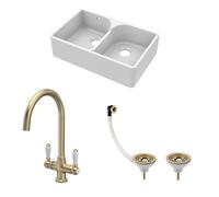 Traditional Fireclay Kitchen Sink Bundle: 2 Bowl Butler Sink with Stepped Weir, Wastes & Lever Tap - 795mm - Brushed Brass