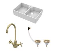 Traditional Fireclay Kitchen Sink Bundle: Double Bowl Butler 1 Tap Hole Design with Wastes & Mono Tap, 895mm - Brushed Brass