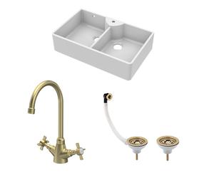 Traditional Fireclay Kitchen Sink Bundle: Double Bowl Butler 1 Tap Hole Design with Wastes & Mono Tap, 895mm - Brushed Brass