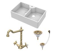 Traditional Fireclay Kitchen Sink Bundle: Double Bowl Butler 1 Tap Hole, Wastes & Classic Tap, 895mm - Brushed Brass
