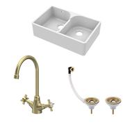 Traditional Fireclay Kitchen Sink Bundle: Double Bowl Butler Sink with Stepped Weir, Wastes & Crosshead Tap, 795mm - Brushed Brass
