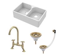 Traditional Fireclay Kitchen Sink Bundle: Double Bowl Butler Sink with Stepped Weir, Wastes & Crosshead Tap, 795mm - Brushed Brass