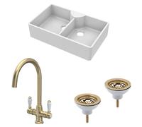 Traditional Fireclay Kitchen Sink Bundle: Double Bowl Butler with 2 Wastes & Mono Lever Tap, 895mm - Brushed Brass