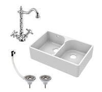Traditional Fireclay Kitchen Sink Bundle: Double Bowl Butler with Stepped Weir, Classic Tap & Wastes - 795mm