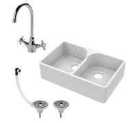 Traditional Fireclay Kitchen Sink: Double Bowl Butler with Stepped Weir, Mixer Tap & Wastes - 795mm