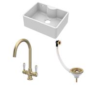 Fireclay 595mm Single Bowl Butler Kitchen Sink Bundle With Overflow, Tap Ledge, Brushed Brass Mono Mixer Tap & Waste By Balterley