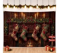 Traditional Fireplace Christmas Decor Backdrop Banner 71x43 Inch | Ornate Stockings, Photography Backdrop, Pine Garland, Pillar Candles, Traditional Wood Mantel, Seasonal Home Accents