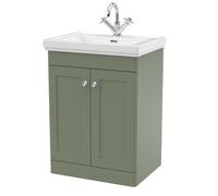 Traditional Floor Standing 2 Door Vanity Unit with 1 Tap Hole Fireclay Basin, 600mm - Satin Green