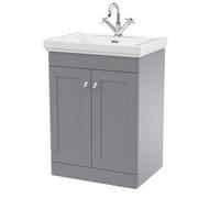 Traditional Floor Standing 2 Door Vanity Unit with 1 Tap Hole Fireclay Basin, 600mm - Satin Grey
