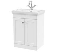 Traditional Floor Standing 2 Door Vanity Unit with 1 Tap Hole Fireclay Basin, 600mm - Satin White