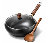 Traditional Forged Big-Belly Pot - Japanese-Style Big Belly Iron Wok with Wooden Lid, Nitrided Rust-Resistant & Uncoated Non-Stick Deep Frying Pan- Includes Wooden Spatula (Glass Pot lid,24cm)
