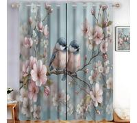 Traditional Fresh Style Darkening Curtains - Cherry Blossom Bird Blackout Curtains Thermal Insulated Powder Blue Eyelet Curtains & Drapes for Bedroom Living Room Window Decoration, 46"x90" 2 Panels