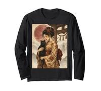 Traditional Geisha with Black Cat and Torii Gate Vintage Art Long Sleeve T-Shirt