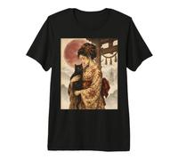 Traditional Geisha with Black Cat and Torii Gate Vintage Art Premium T-Shirt