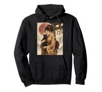 Traditional Geisha with Black Cat and Torii Gate Vintage Art Pullover Hoodie