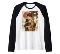 Traditional Geisha with Black Cat and Torii Gate Vintage Art Raglan Baseball Tee