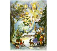 Large Advent Calendar 24 Doors 355 x 260 mm - Snowscene Children and Angels Woodland and Church - with Glitter and Translucent Windows - R704 - Traditional Antique German Design