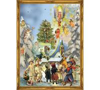 Large Advent Calendar 24 doors 355 x 260 mm - Victorian Snowscene Stairway to Heaven - with glitter and translucent windows - RS 70109 - traditional antique German Design