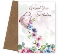 Traditional Gran Birthday Card for Her - Special Grandma Floral Tea Cup Bday Cards with Lovely Words - 50th 60th 70th 80th 90th, Birthday Card, Gran