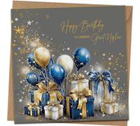 Traditional Great Nephew Birthday Card - Gold White Blue Presents & Balloon Design Beautiful Birthday Card