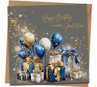 Traditional Great Niece Birthday Card - Gold White Blue Presents & Balloon Design Beautiful Birthday Card