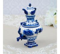 Traditional Gzhel Porcelain Samovar | Hand-Painted Russian Ceramic Teapot | 7.1" Decorative White & Blue
