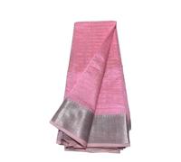 Traditional | Handloom Women's Semi Tussar Silk Silver Check Saree with running blouse piece attached, Baby Pink, Free size, Baby Pink, Free size