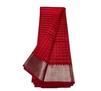 Traditional | Handloom Women's Semi Tussar Silk Silver Check Saree with running blouse piece attached, Red, One Size