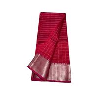 Traditional | Handloom Women's Semi Tussar Silk Silver Check Saree with running blouse piece attached, Ruby Red, Free size, Ruby Red, Free size