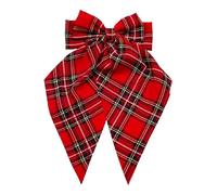 Traditional Handmade Oversized Satin Feel Tartan Bow With Tails French Barrette Clip. (Red)