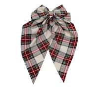 Traditional Handmade Oversized Satin Feel Tartan Bow With Tails French Barrette Clip. (White)