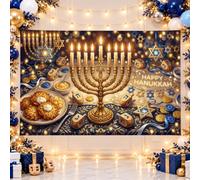 Traditional Hanukkah Menorah Celebration Backdrop Banner 71x43 Inch | Gold Menorah, Photo Backdrop, Traditional Dreidels, Star Of David Motifs, Holiday Dinner Setting
