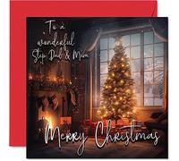 Traditional Happy Christmas Card for Step Dad & Mum - Merry Christmas to Step Dad & Mum - Happy Xmas Card from Son Daughter, 145mm Single Seasonal Greeting Cards Gift