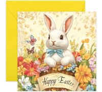 Traditional Happy Easter Card for Parents - Sweet White Rabbit Artwork - Floral Colourful Design - For Adults and Children - Blank Inside with Envelope