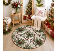 Traditional Holly Berry Holiday Christmas Round Area Rug 3ft | Red Berries, Circle Rug, Pine Needles, Traditional, Seasonal Home Accents, Winter Decor