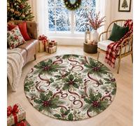 Traditional Holly Berry Holiday Christmas Round Area Rug 5ft | Red Berries, Circle Rug, Pine Needles, Traditional, Seasonal Home Accents, Winter Decor