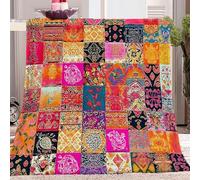 Traditional India Paisley Geometric Throw Blanket, Soft Lightweight Flannel Fleece Vibrant Patchwork Design Blanket for Adults Children boys girls - 70 x 100 cm Warm All Season Home Decor