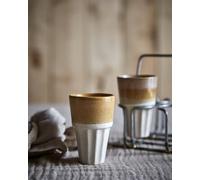 Traditional Indian Chai Glass - Stoneware Ceramic Mug in White & Mustard, Tall Rustic Cup