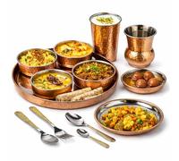 Traditional Indian Stainless Steel & Copper Hammered Dinner Set, 13 Pieces, Includes Thali, Side Plate, Bowls, Tumblers, Spoons, Fork, Handmade Indian Crockery Set