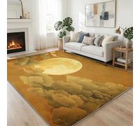 Traditional Ink Painting Machine Washable Area Rug 120x170 cm, Living Room Vintage Yellow Moon Clouds Printed Rectangle Rug Light Brown Bedroom Non-slip Carpet - Soft Low Pile Carpet Floor Decorate