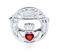 Traditional Irish Celtic Round Circle Claddagh Brooch Pin For Women Red Heart Shaped CZ .925 Sterling Silver