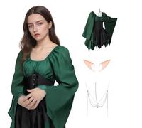 Traditional Irish Dress, Renaissance Elf Dress with Flare Sleeve, Medieval Corest Dress with Elf Ears and Accessories for Halloween (GREEN BLACK, XXL)