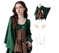 Traditional Irish Dress, Renaissance Elf Dress with Flare Sleeve, Medieval Corest Dress with Elf Ears and Accessories for Halloween (GREEN BROWN, S)