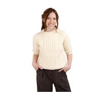 Traditional Irish Sweater for Ladies Short Sleeve Cable Knit - 100% Merino Wool, Natural, XXL