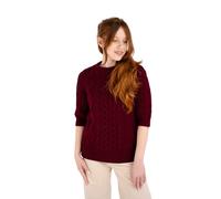Traditional Irish Sweater for Ladies Short Sleeve Cable Knit - 100% Merino Wool, Wine, M